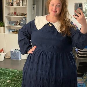 Tie front Peter Pan oversized babydoll navy dress